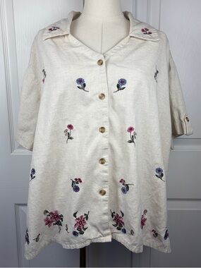 Fashion bug Embroidered Floral Button-Up Shirt - Cream with Pink & Blue Flowers